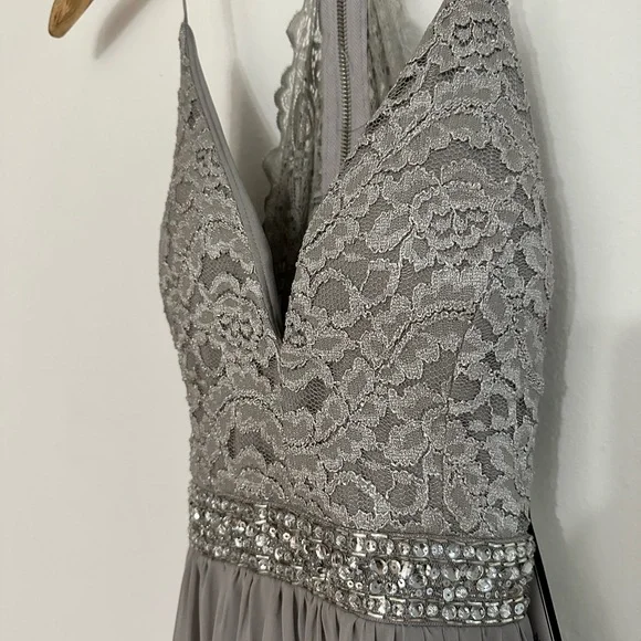 NWT Macy’s Emerald Sundae Gray maxi dress size Small, V neckline, front slit - Picture 4 of 15